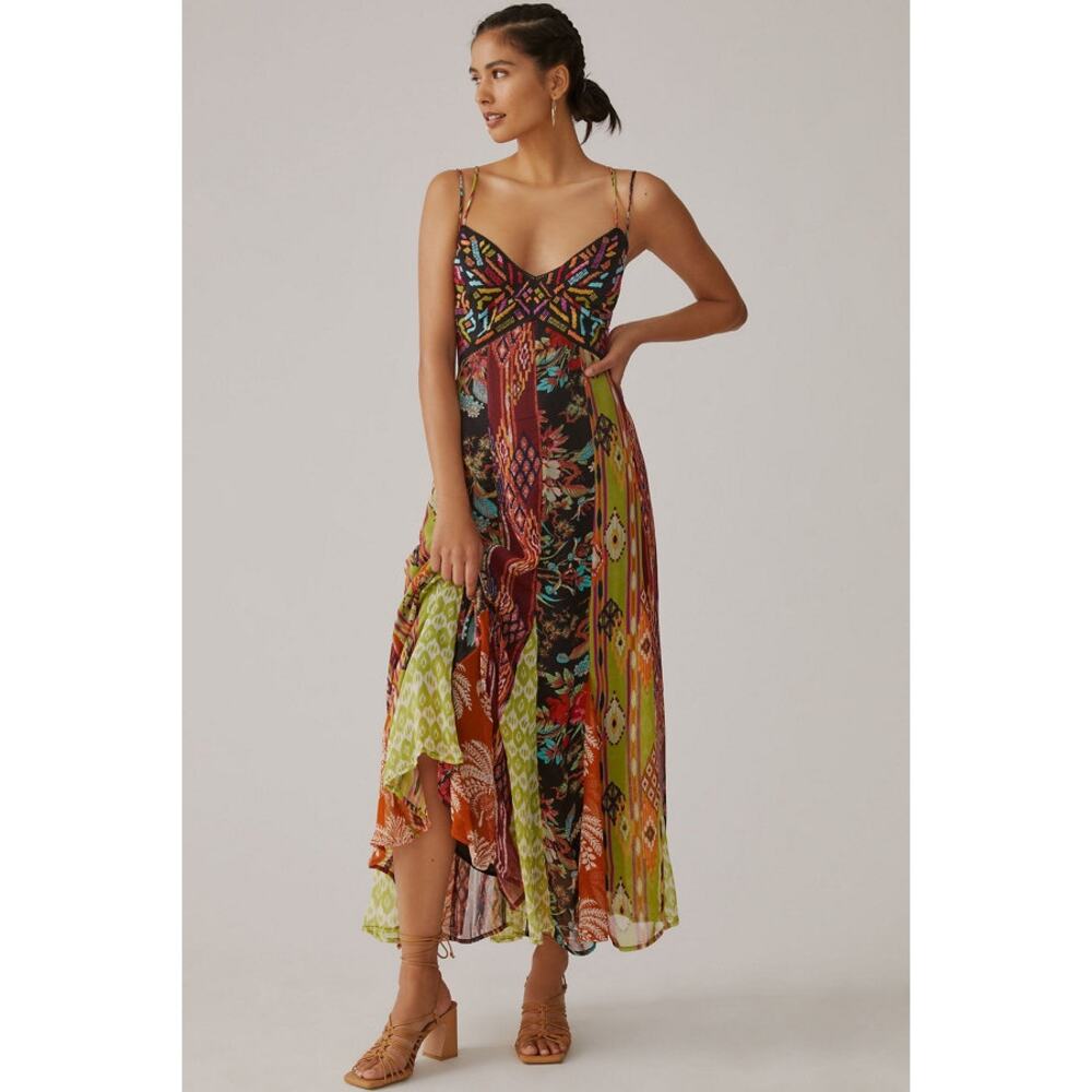 Anthropologie Boho Multi Print V-Neck Maxi Dress Size US 2